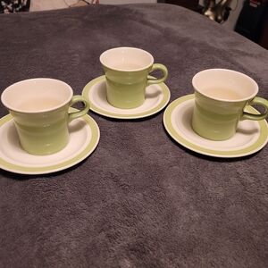 Green and White Ceramic Cup and Saucer Set. Set Of 3.